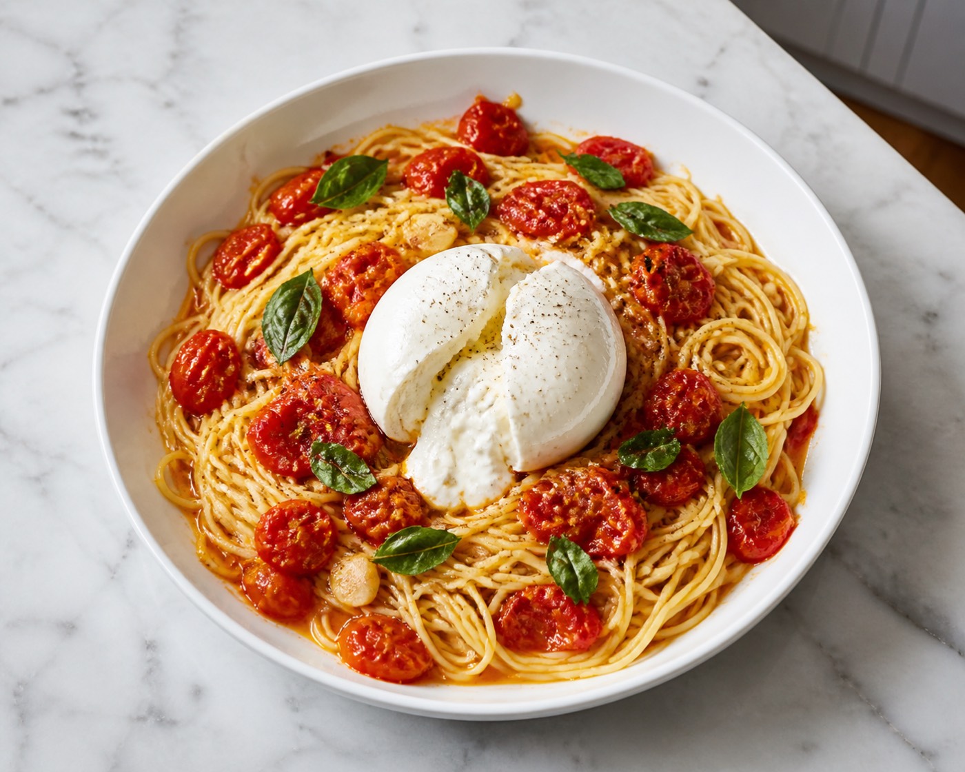 Burst Tomatoes & Burrata, photographed on white marble in the A More Perfect Supper kitchen