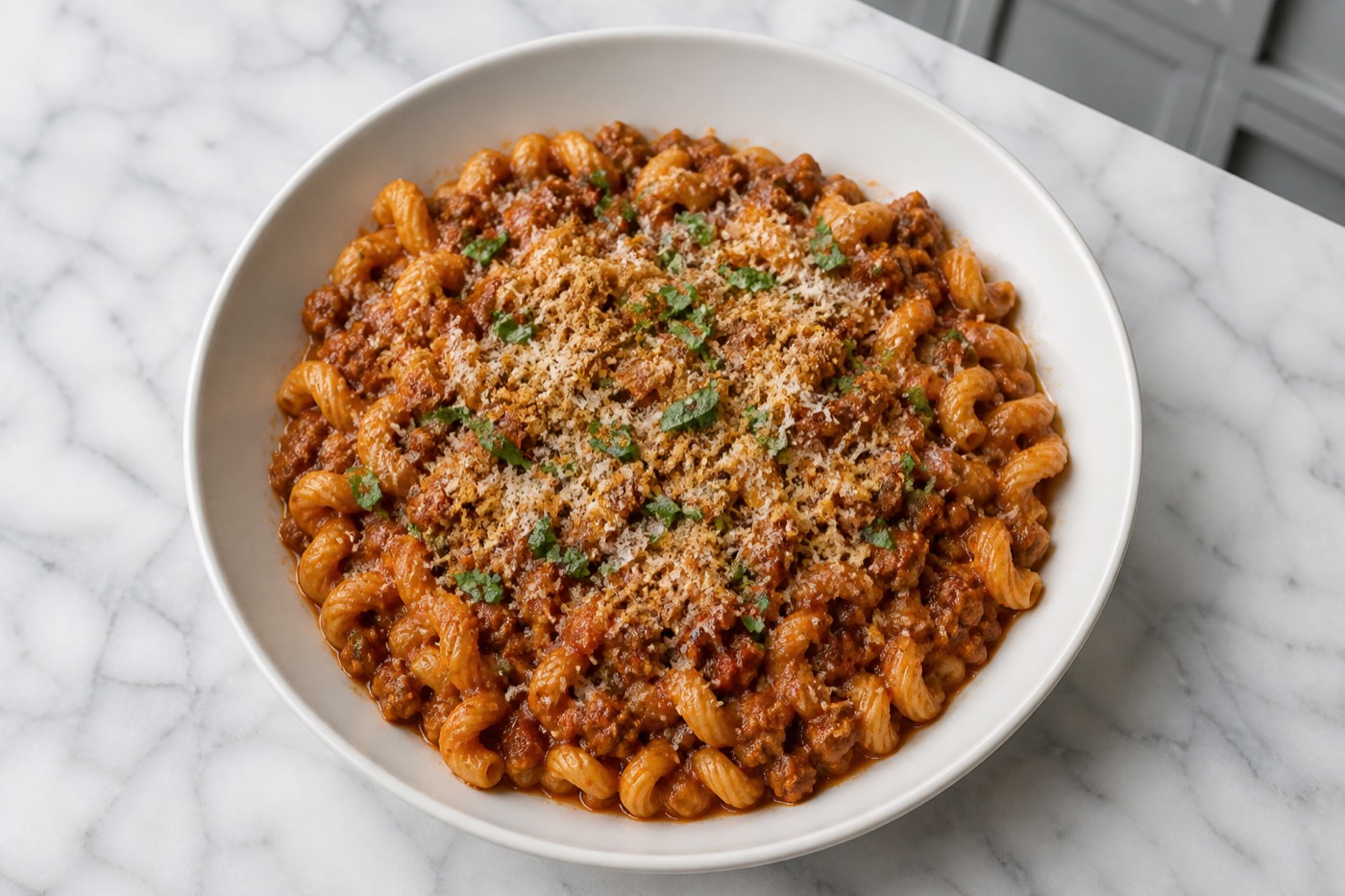 Twists & Ragù, photographed on white marble in the A More Perfect Supper kitchen