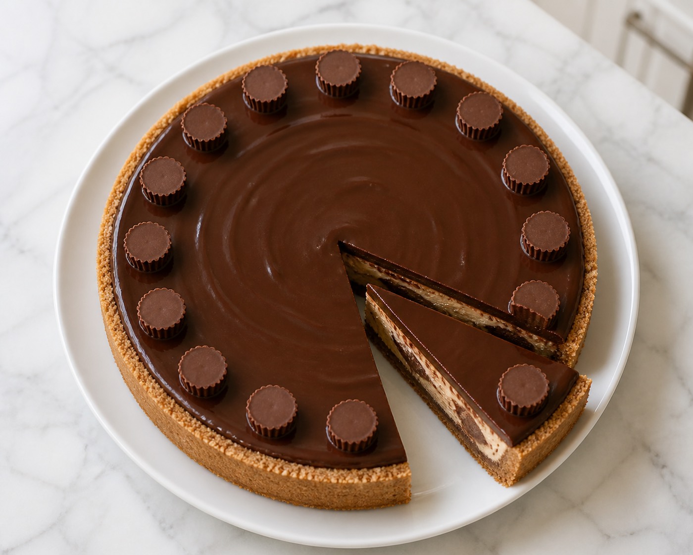 Chocolate-Peanut Butter Truce, photographed on white marble in the A More Perfect Supper kitchen