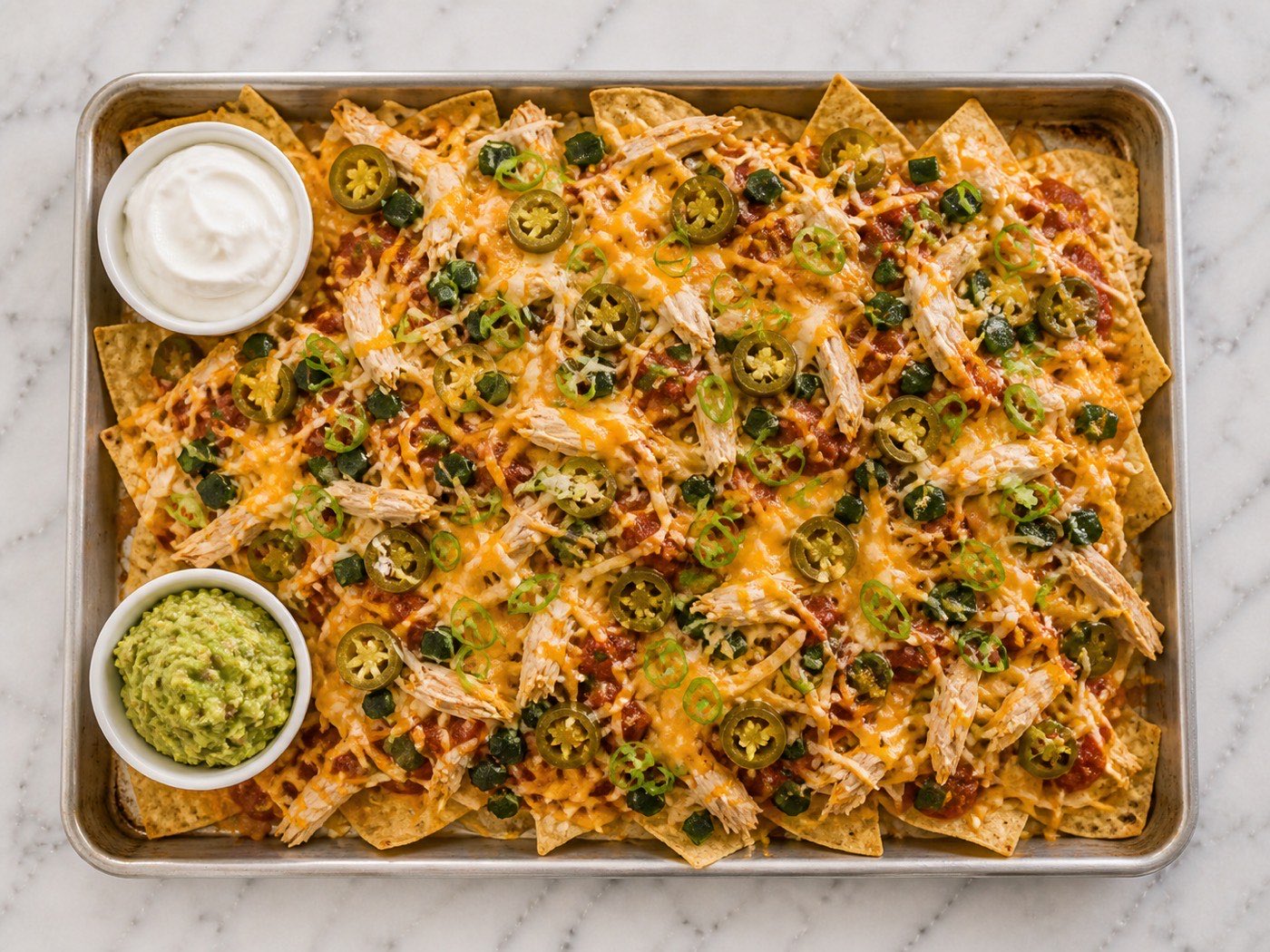 Sheet-Pan Stadium Nachos, photographed on white marble in the A More Perfect Supper kitchen