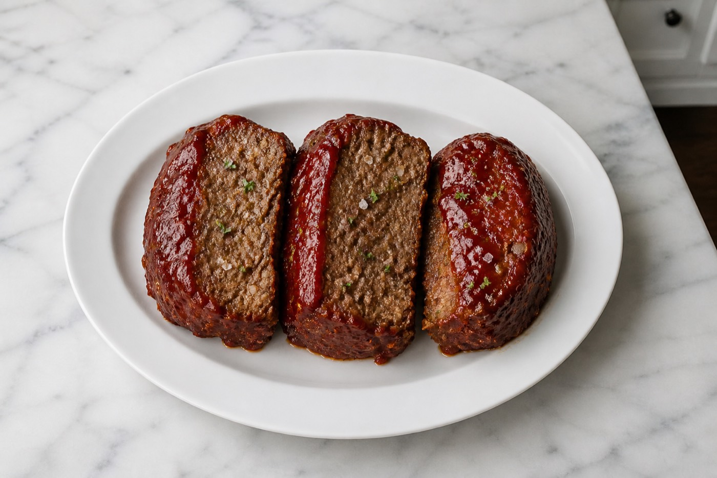 The Sunday Standard Meatloaf, photographed on white marble in the A More Perfect Supper kitchen