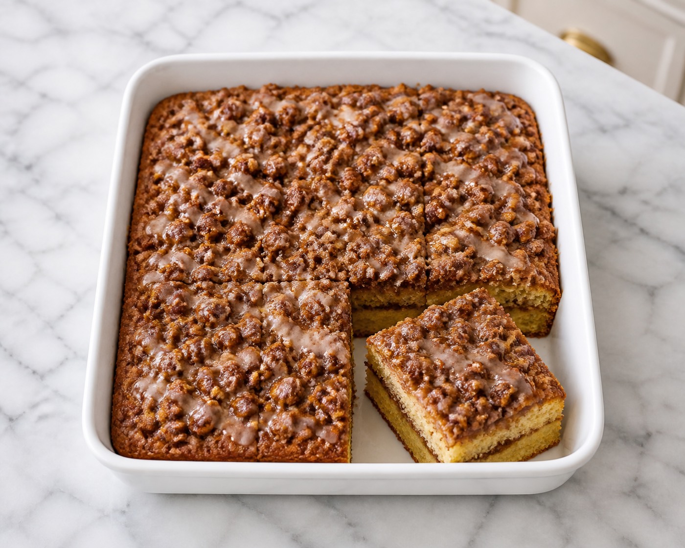 Saturday Morning Coffee Cake, photographed on white marble in the A More Perfect Supper kitchen