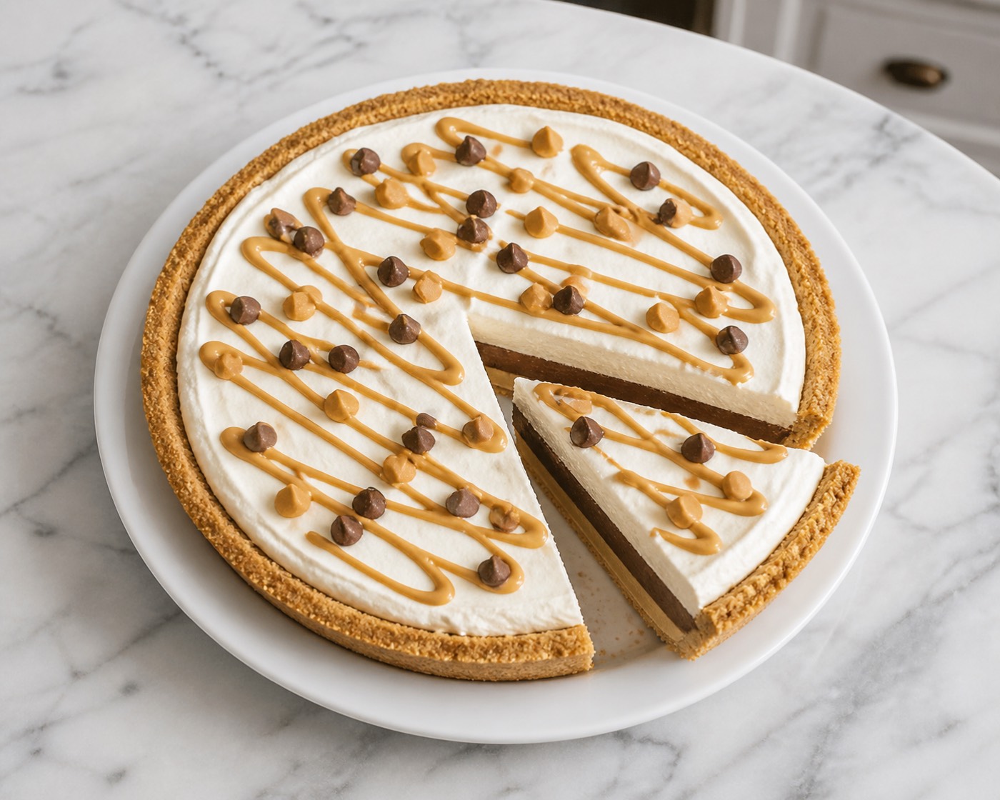 No-Bake Peanut Butter Treaty, photographed on white marble in the A More Perfect Supper kitchen