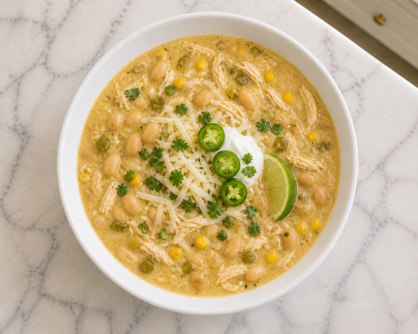 White Bean Chicken Chili, photographed on white marble in the A More Perfect Supper kitchen