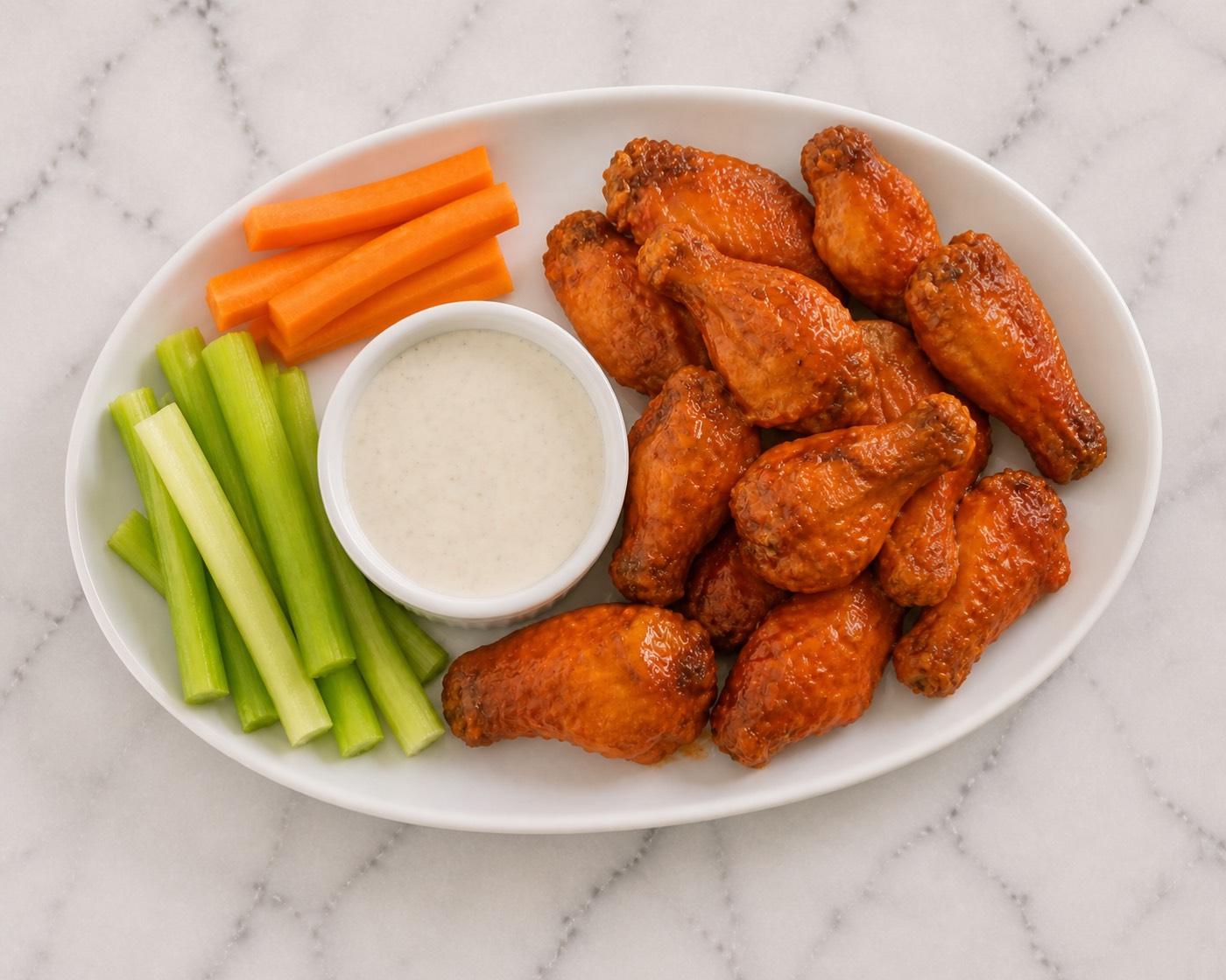 Air Force Buffalo Wings, photographed on white marble in the A More Perfect Supper kitchen