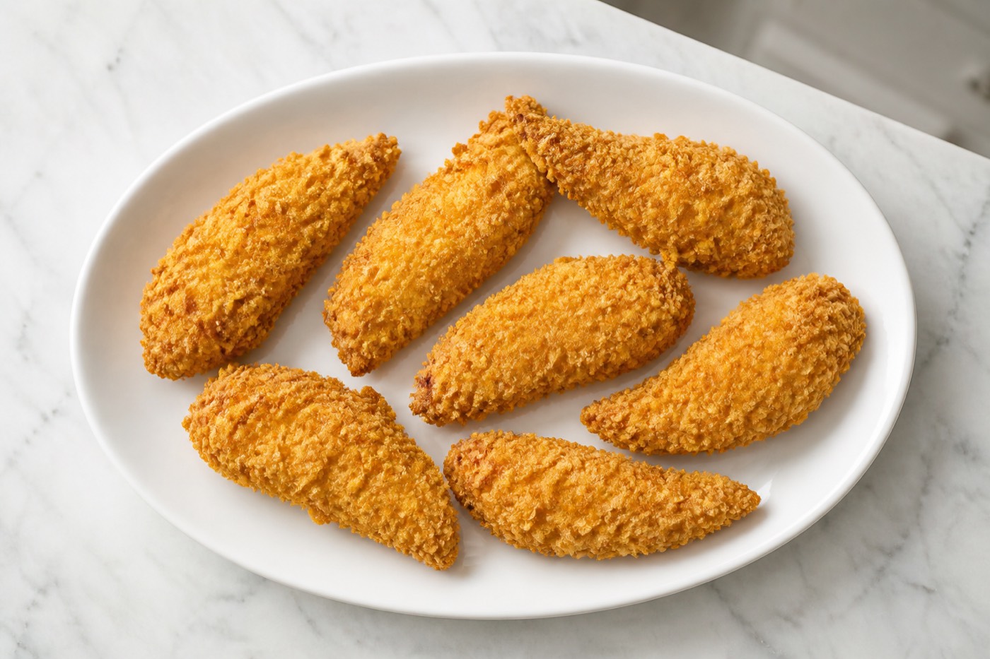 Cornflake Crunch Tenders, photographed on white marble in the A More Perfect Supper kitchen