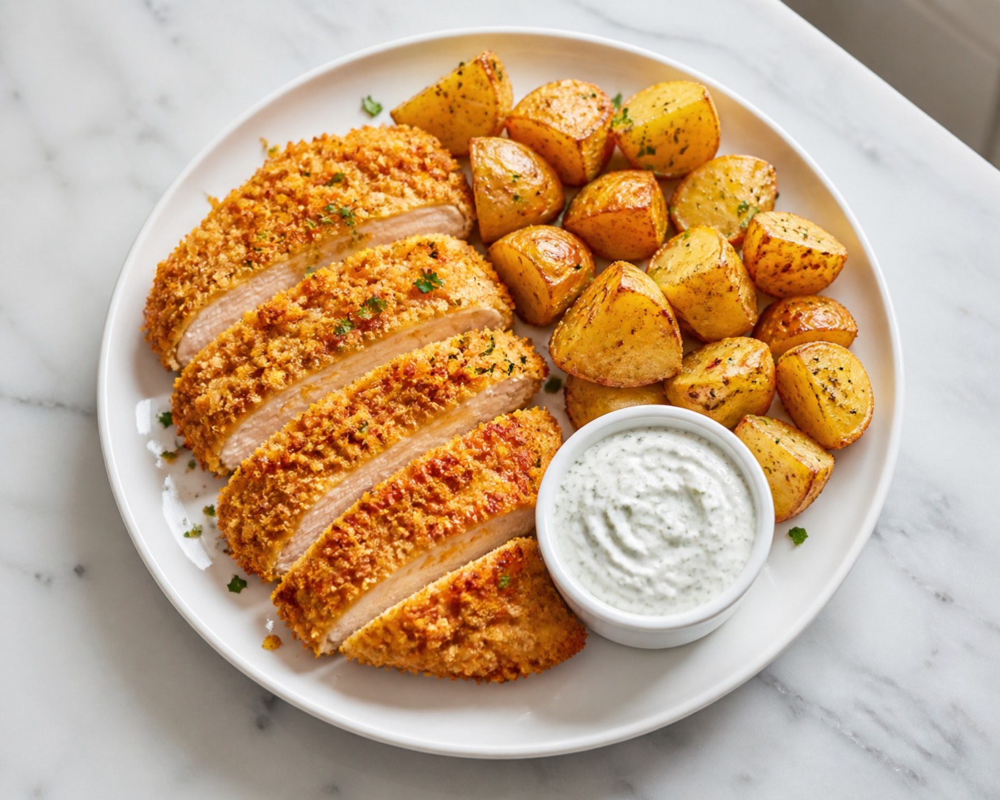 Sheet-Pan Victory Chicken, photographed on white marble in the A More Perfect Supper kitchen