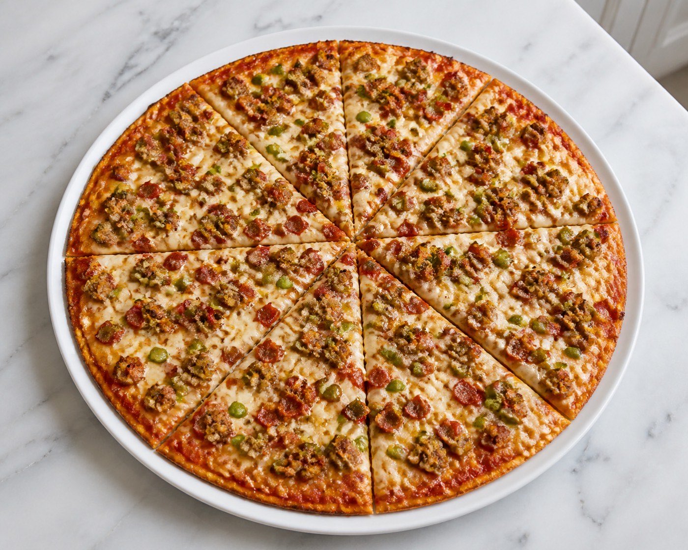 Edge-to-Edge Republic Pizza, photographed on white marble in the A More Perfect Supper kitchen
