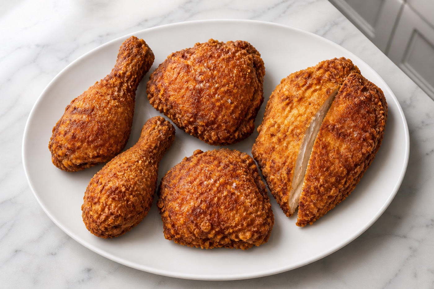 Air-Fried Sunday Chicken, photographed on white marble in the A More Perfect Supper kitchen