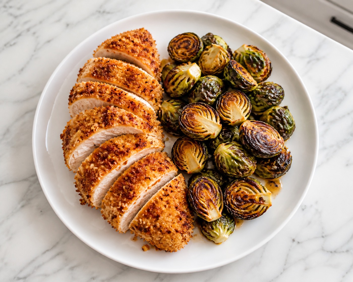 Parmesan Sheet-Pan Chicken, photographed on white marble in the A More Perfect Supper kitchen
