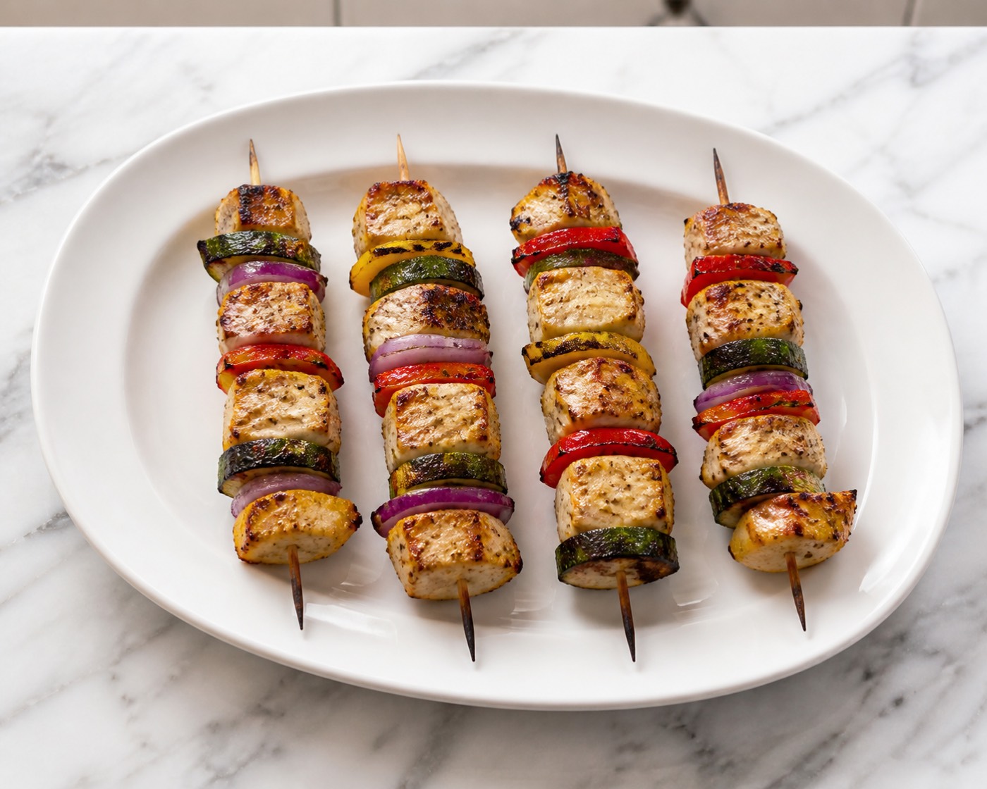 Dale's Kabob Detail, photographed on white marble in the A More Perfect Supper kitchen