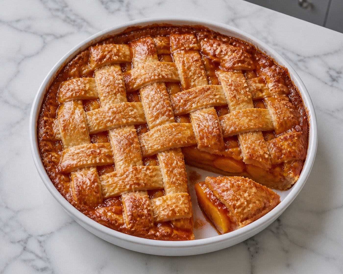 Bourbon Peach Lattice Cobbler, photographed on white marble in the A More Perfect Supper kitchen