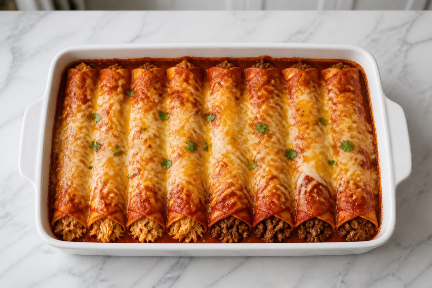 Bipartisan Enchiladas, photographed on white marble in the A More Perfect Supper kitchen