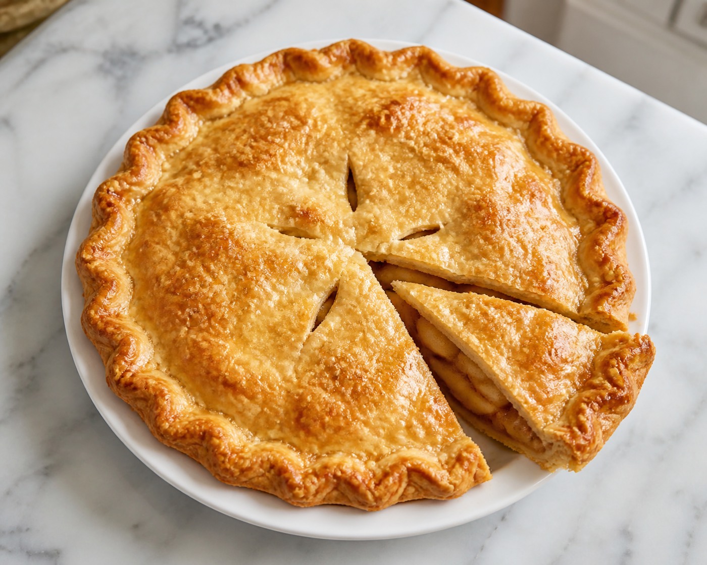 The Apple Pie Standard, photographed on white marble in the A More Perfect Supper kitchen