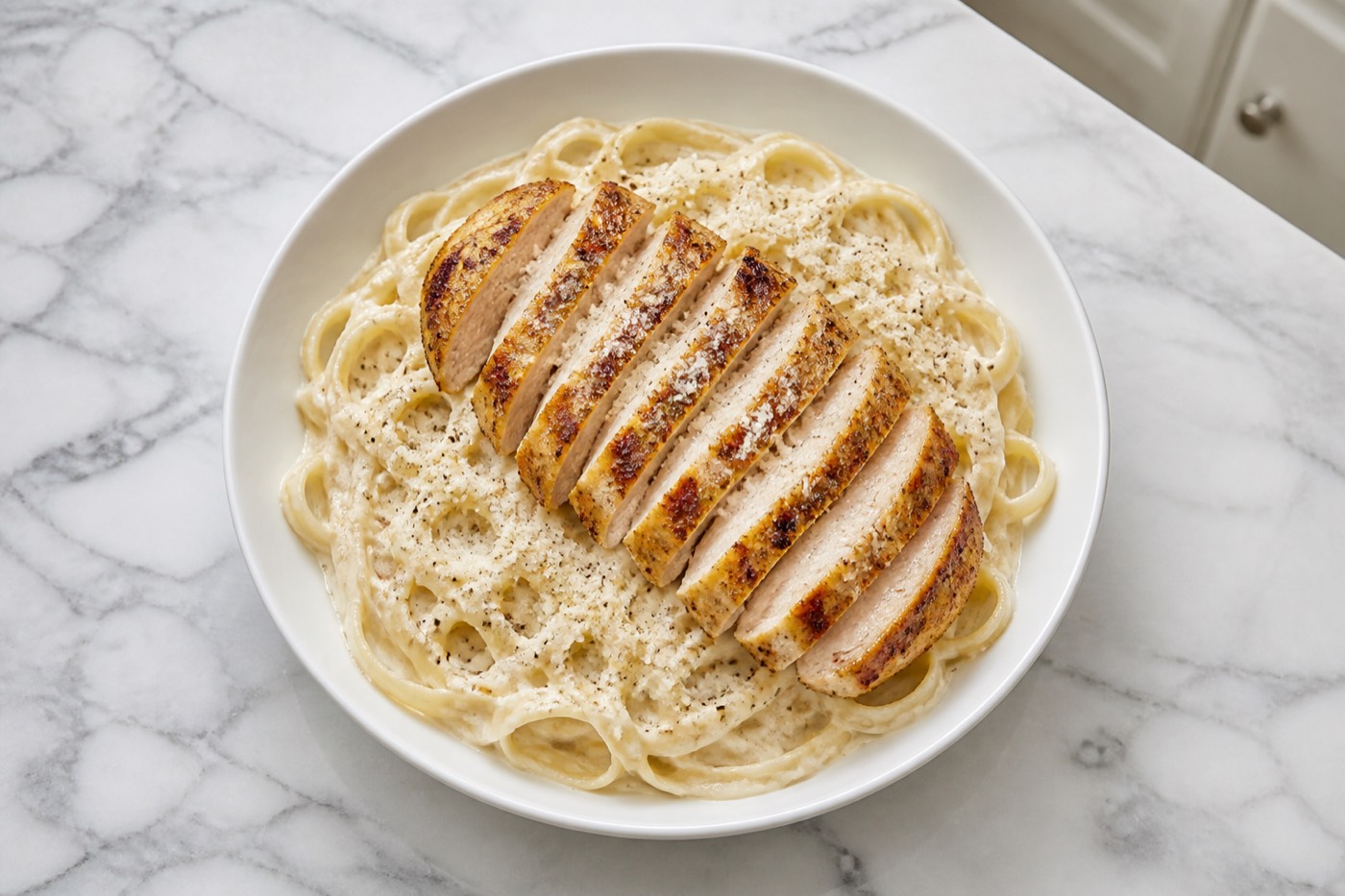 Alfredo Without the Jar, photographed on white marble in the A More Perfect Supper kitchen