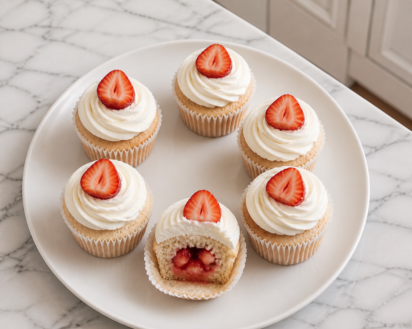 Firehook Strawberry Cream Cupcakes, photographed on white marble in the A More Perfect Supper kitchen