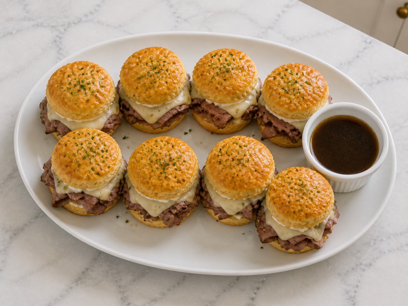Roast Beef in a Biscuit, photographed on white marble in the A More Perfect Supper kitchen