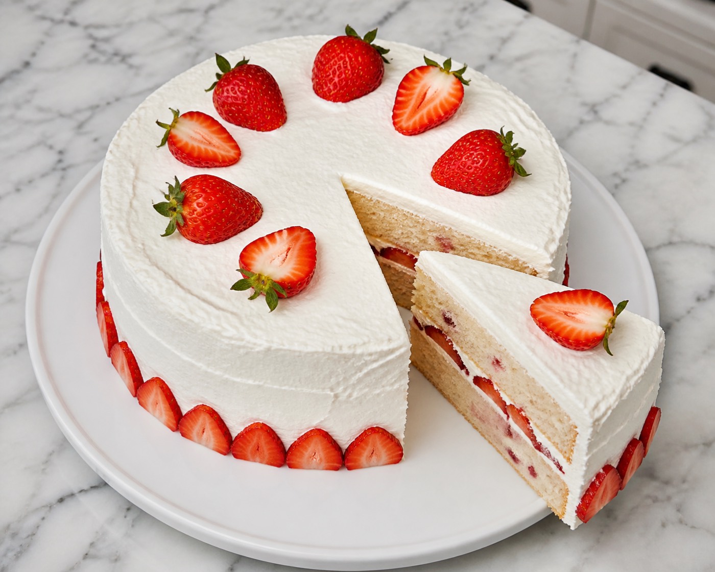 Firehook Strawberry Cream Cake, photographed on white marble in the A More Perfect Supper kitchen