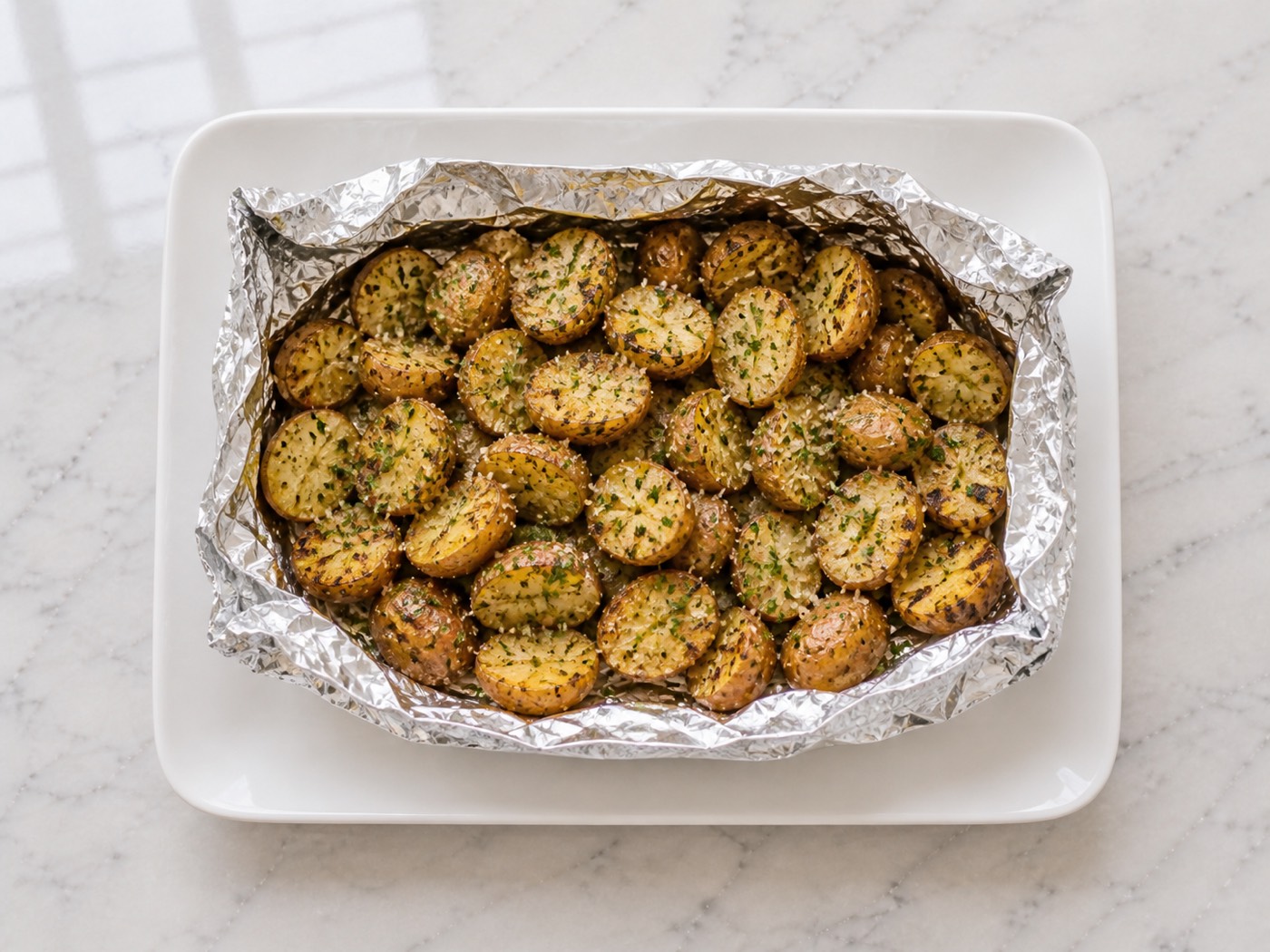 Foil-Pack Freedom Potatoes, photographed on white marble in the A More Perfect Supper kitchen
