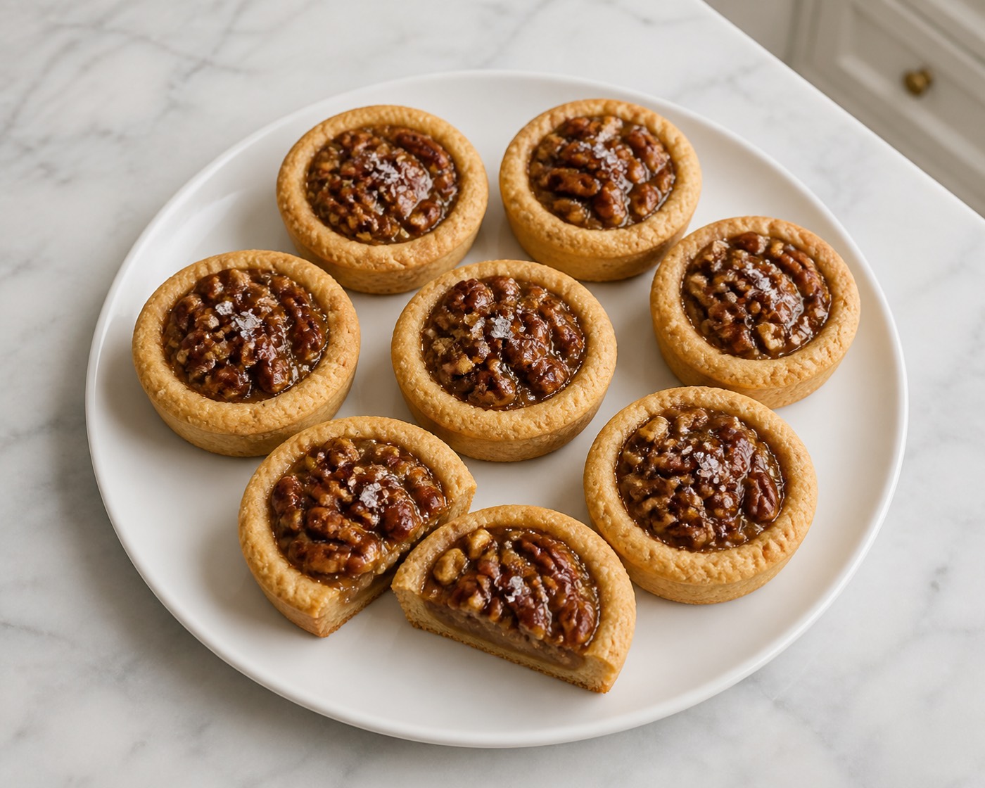 Pecan Pie Cookie Coup, photographed on white marble in the A More Perfect Supper kitchen