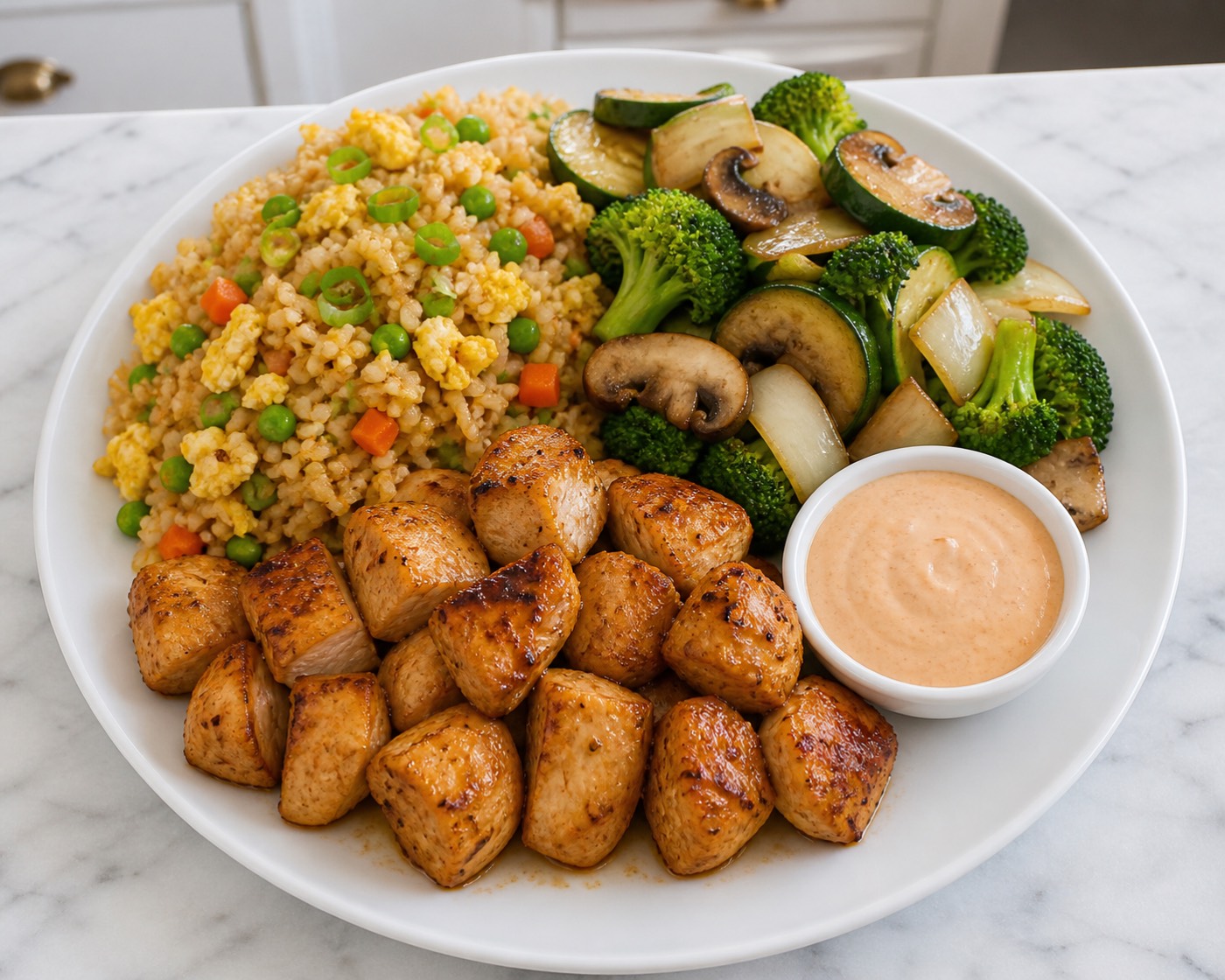 Hibachi at Home, photographed on white marble in the A More Perfect Supper kitchen