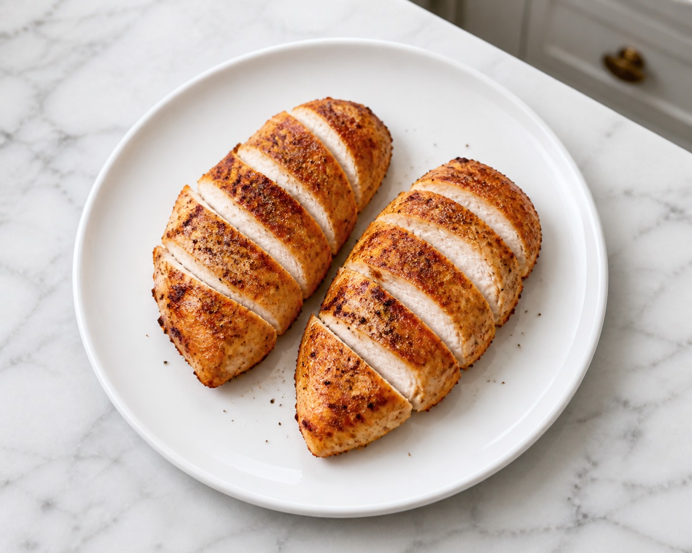 Weeknight Air Fryer Chicken, photographed on white marble in the A More Perfect Supper kitchen
