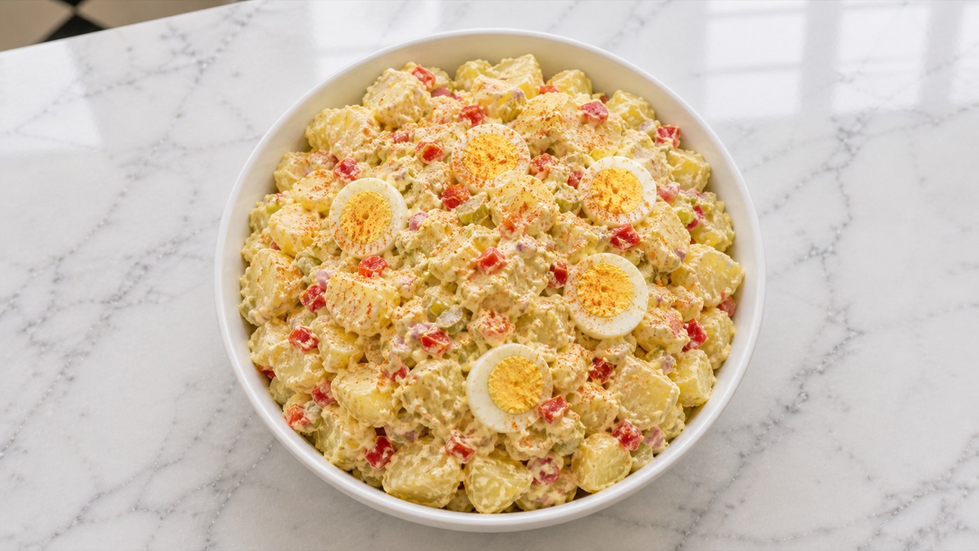 The Cookout Potato Salad, photographed on white marble in the A More Perfect Supper kitchen