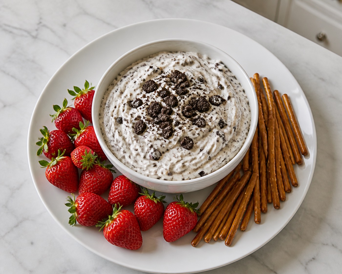 Oreo Fluff & Salt, photographed on white marble in the A More Perfect Supper kitchen