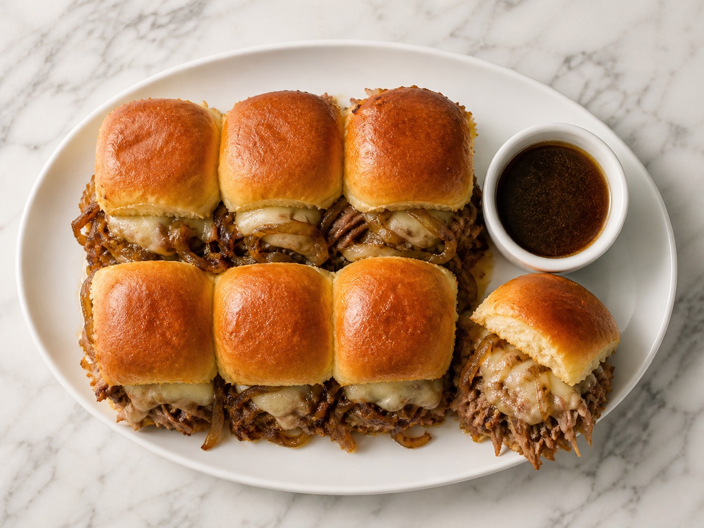 Pork Dip Sliders, photographed on white marble in the A More Perfect Supper kitchen