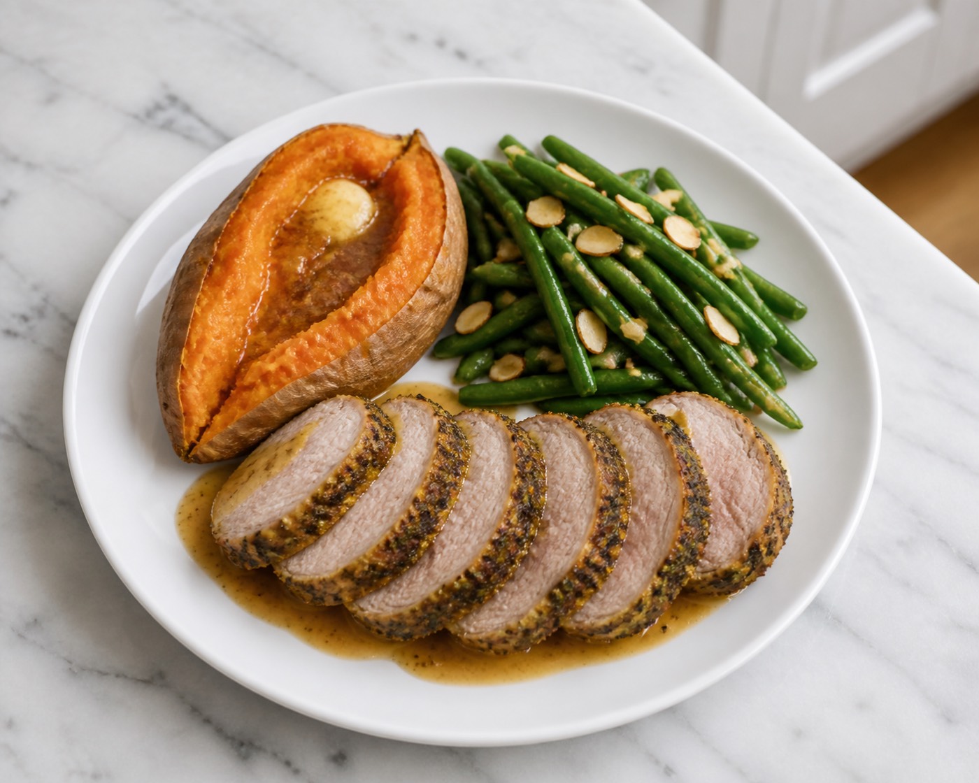 The Full Pork Tenderloin Dinner, photographed on white marble in the A More Perfect Supper kitchen