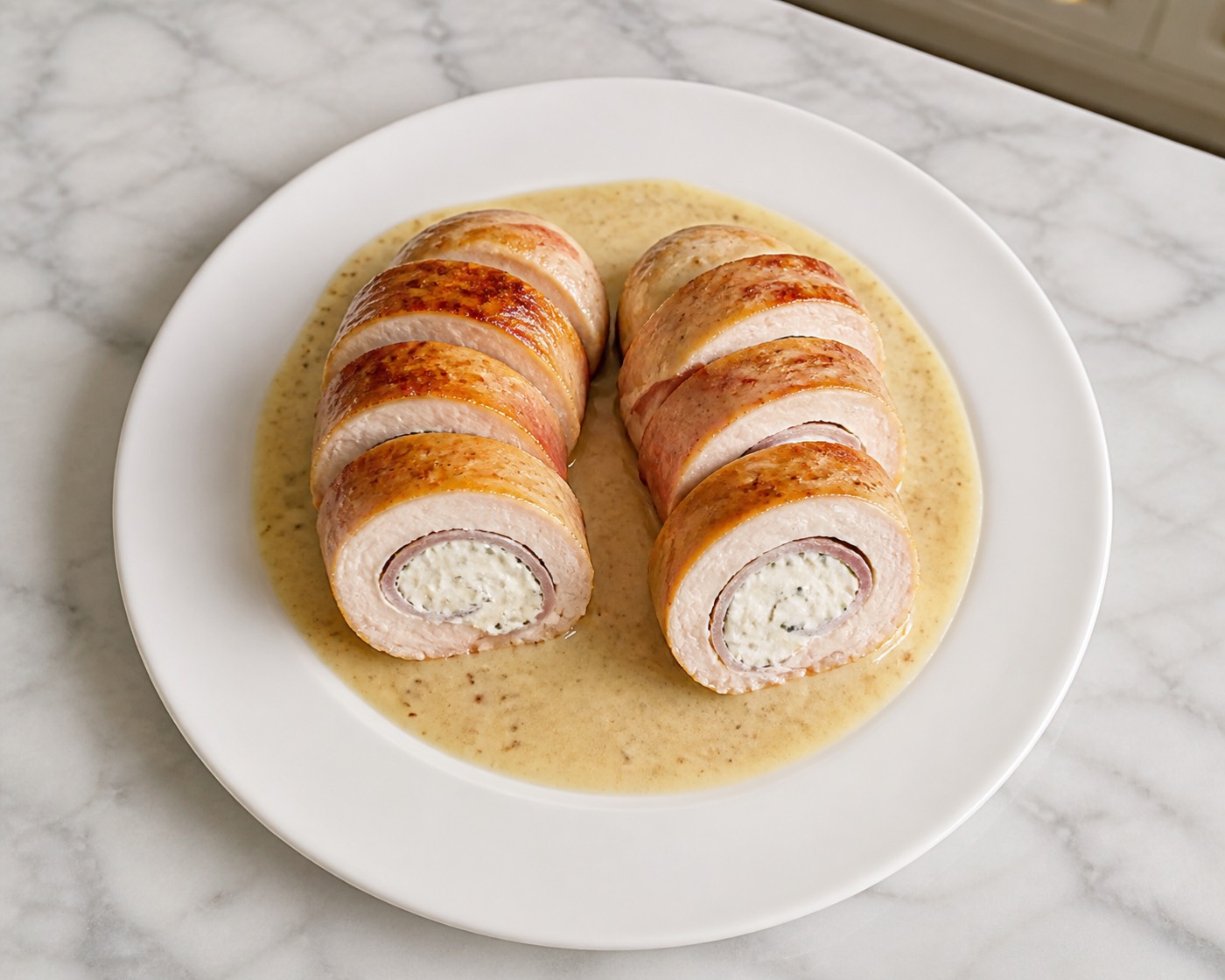 Boursin in a Blanket, photographed on white marble in the A More Perfect Supper kitchen