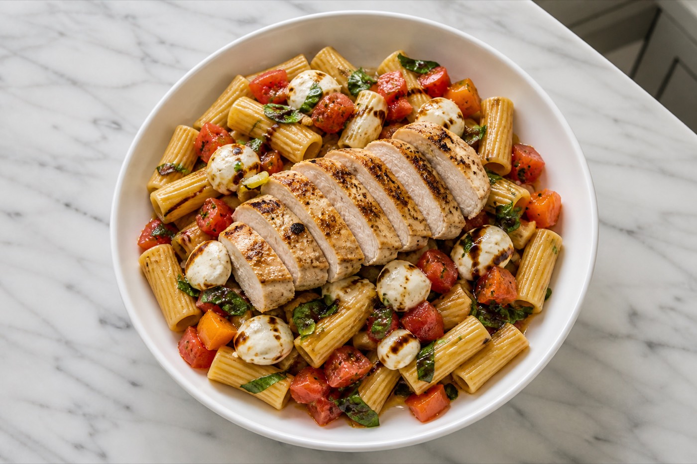 Summer Rigatoni, photographed on white marble in the A More Perfect Supper kitchen