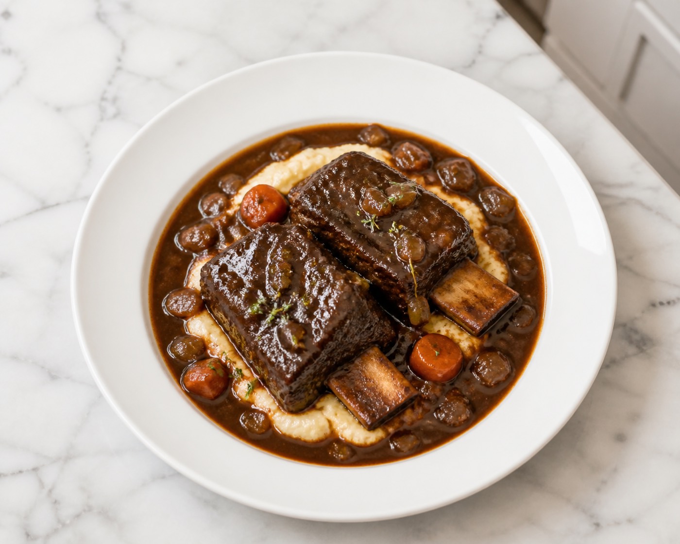 Red Wine Short Ribs, photographed on white marble in the A More Perfect Supper kitchen