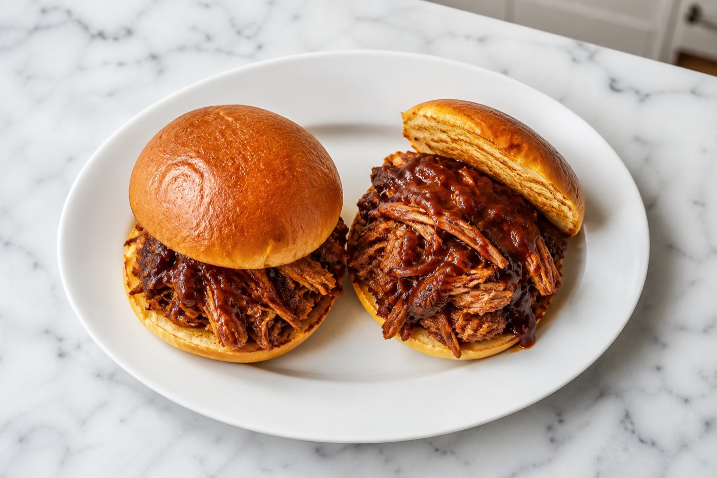 Backyard Pulled Pork, photographed on white marble in the A More Perfect Supper kitchen