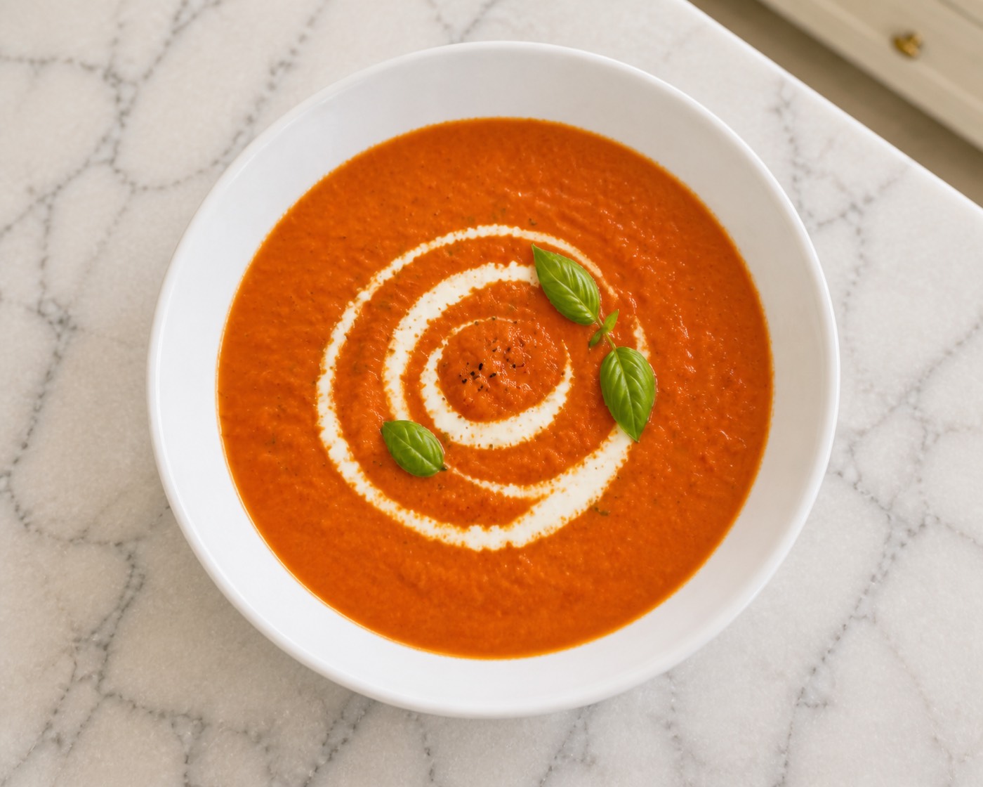 Roasted Red Soup, photographed on white marble in the A More Perfect Supper kitchen