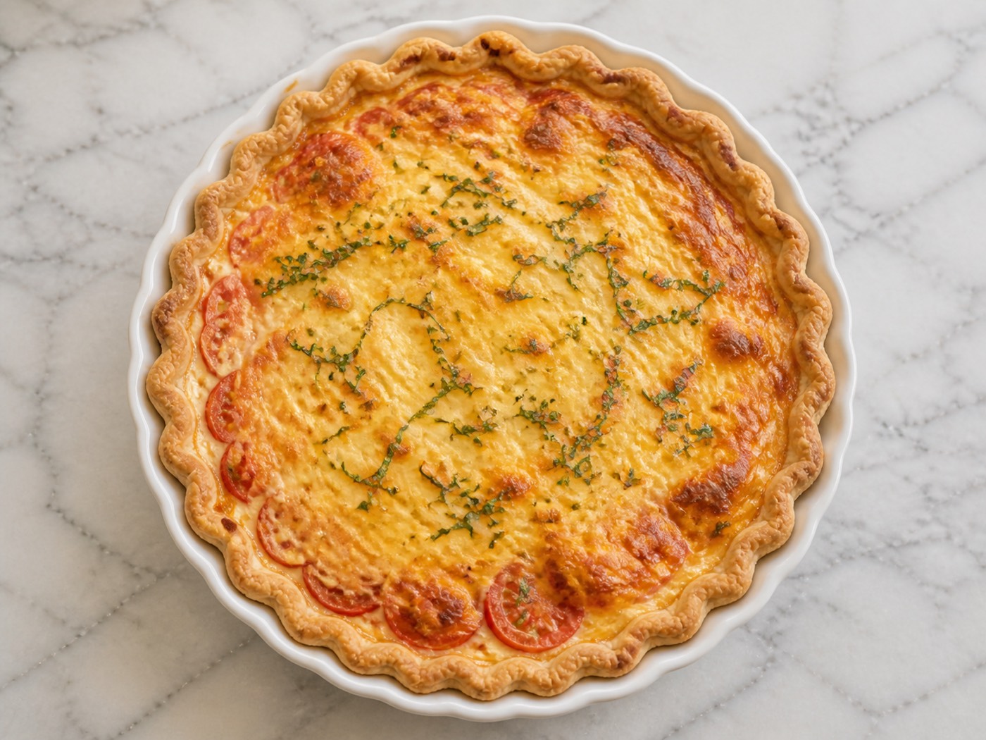 The Southern Tomato Pie, photographed on white marble in the A More Perfect Supper kitchen