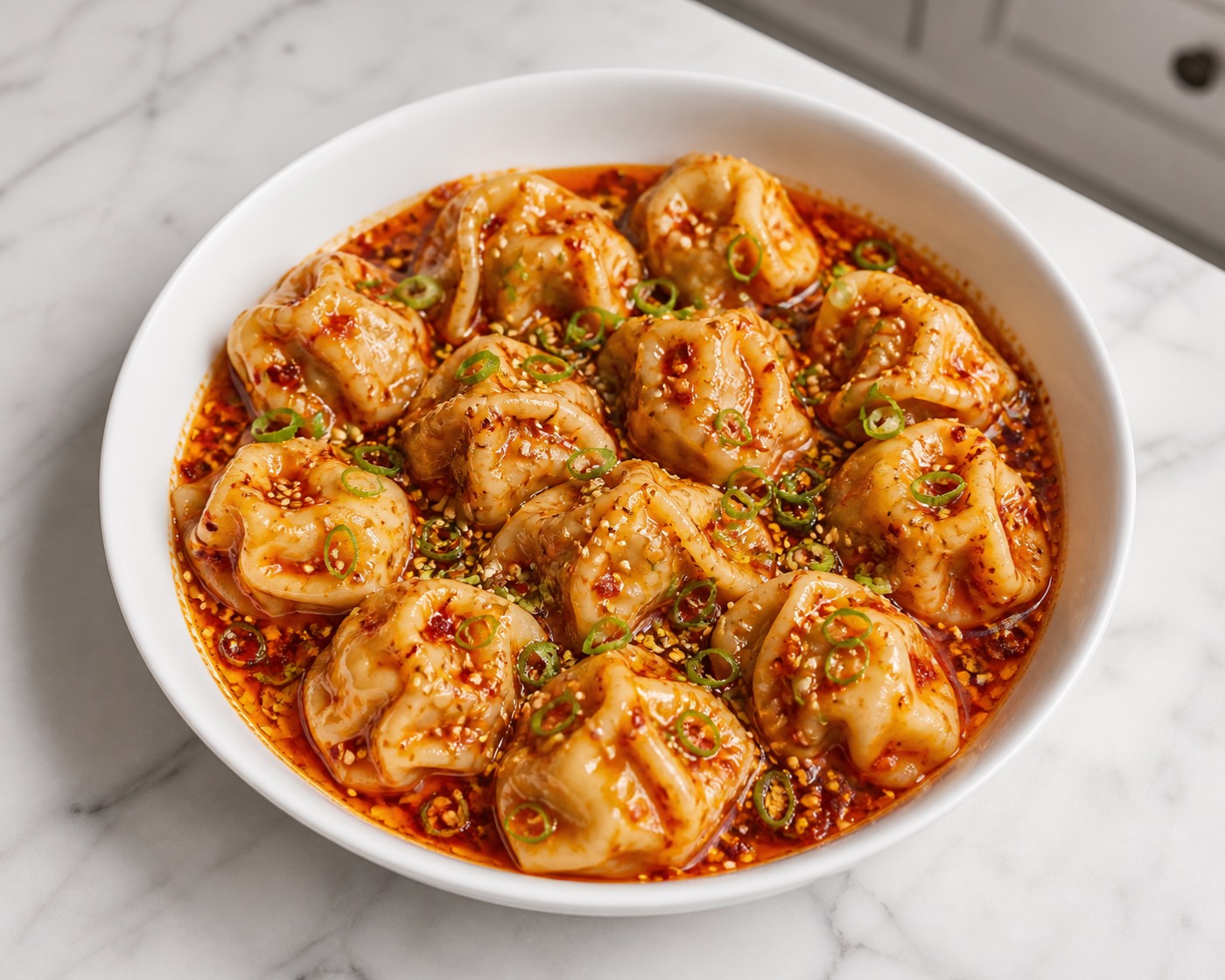 Chili Crisp Wonton Night, photographed on white marble in the A More Perfect Supper kitchen