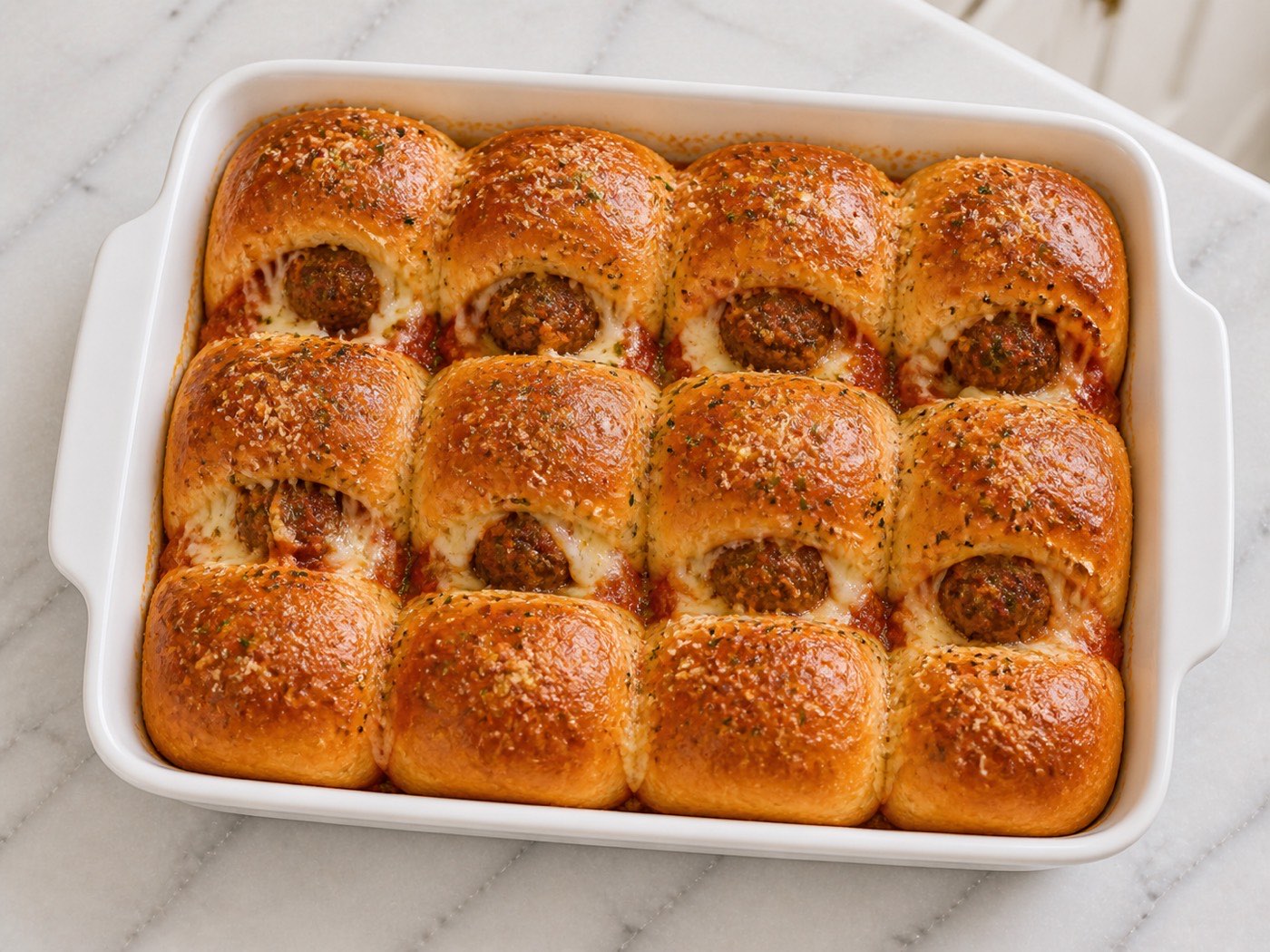 Meatball Pocket Sliders, photographed on white marble in the A More Perfect Supper kitchen