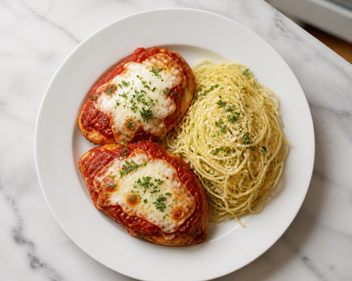 Landini Night Chicken, photographed on white marble in the A More Perfect Supper kitchen