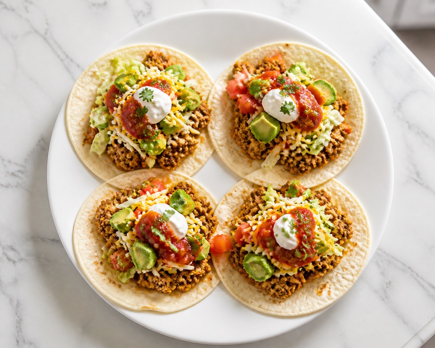 Turkey Taco Tuesday for Two, photographed on white marble in the A More Perfect Supper kitchen