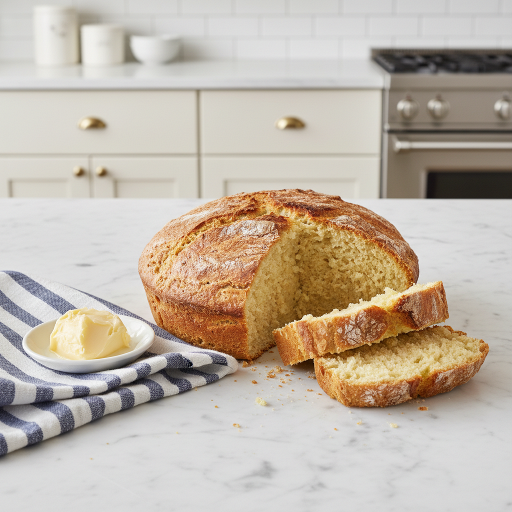 A golden round loaf of Crock-Pot buttermilk bread, partially sliced to show its tender crumb, on a marble kitchen island.