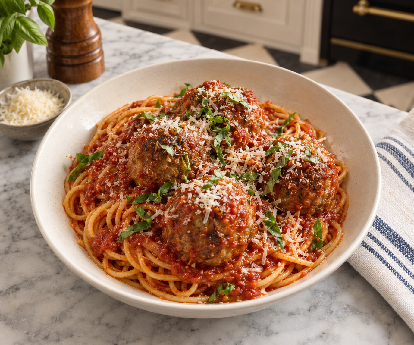 Classic spaghetti and beef-and-pork meatballs in rich tomato sauce, finished with grated cheese and fresh basil.